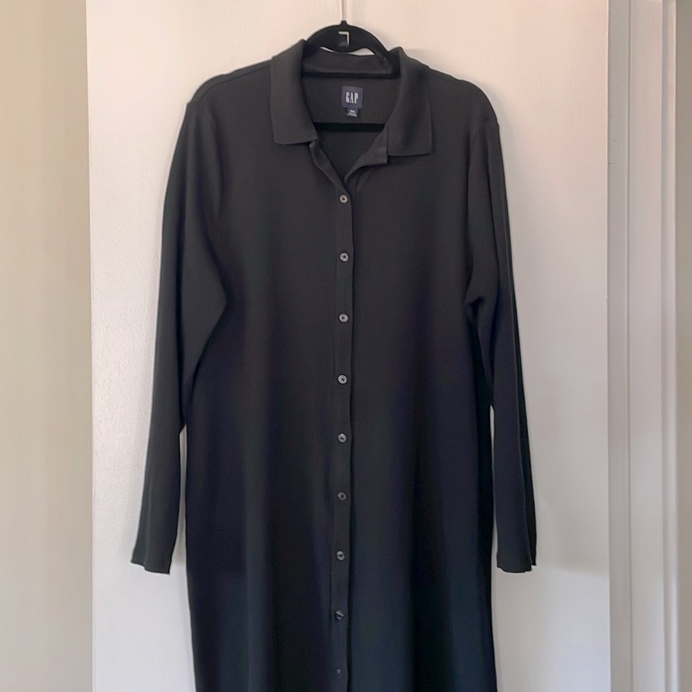 Gap Solid Black Button Down Collared Ribbed Long … - image 1